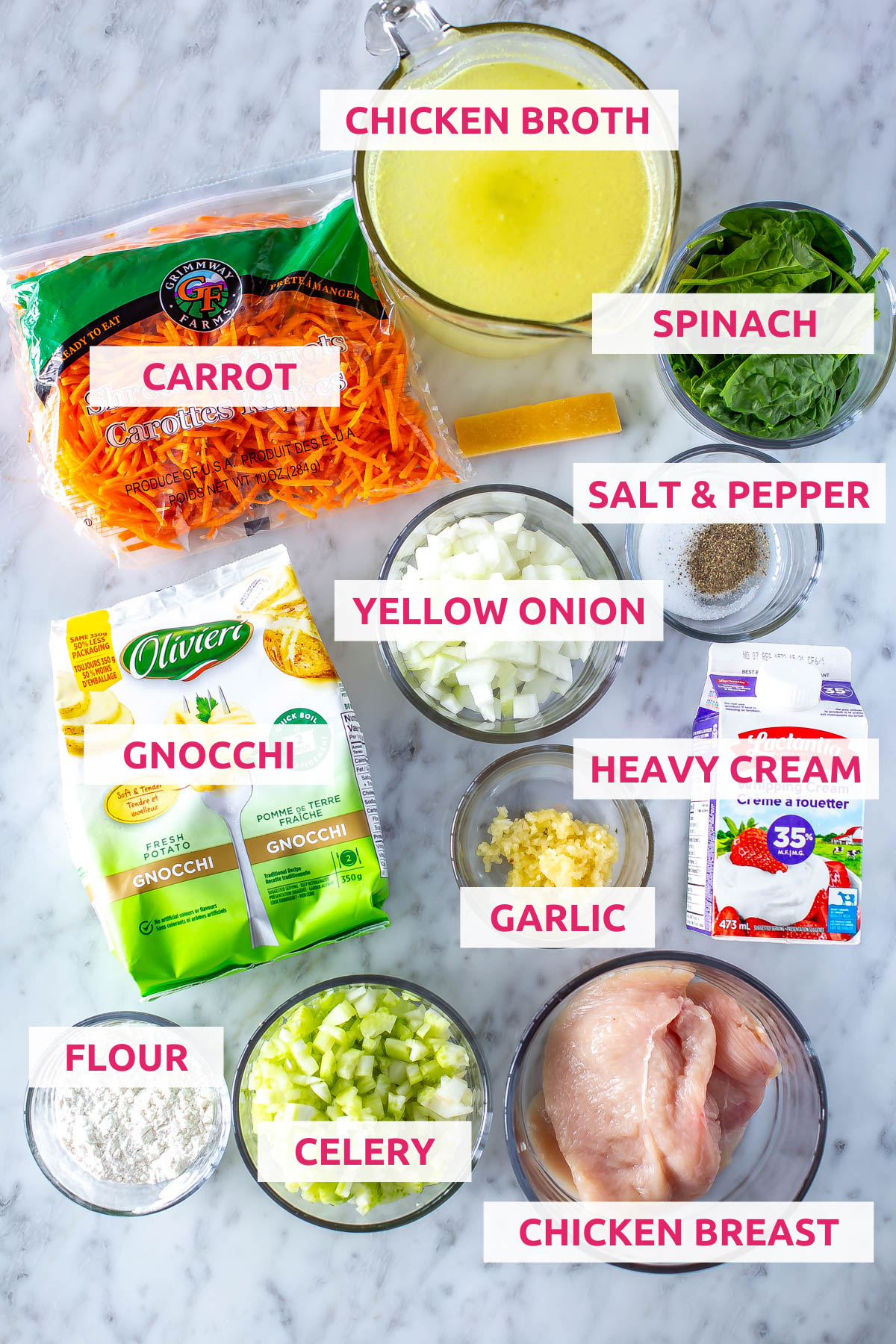 Ingredients for chicken gnocchi soup: chicken breasts, gnocchi, chicken broth, carrots, spinach, yellow onion, salt, pepper, flour, celery, garlic and heavy cream.