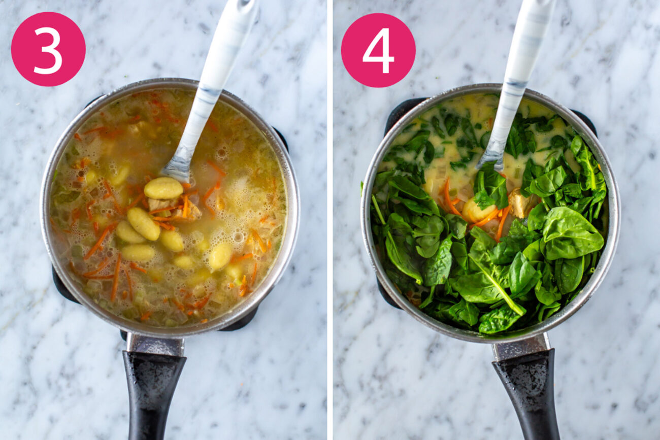 Steps 3 and 4 for making chicken gnocchi soup: Add broth, carrots and gnocchi then stir in spinach.