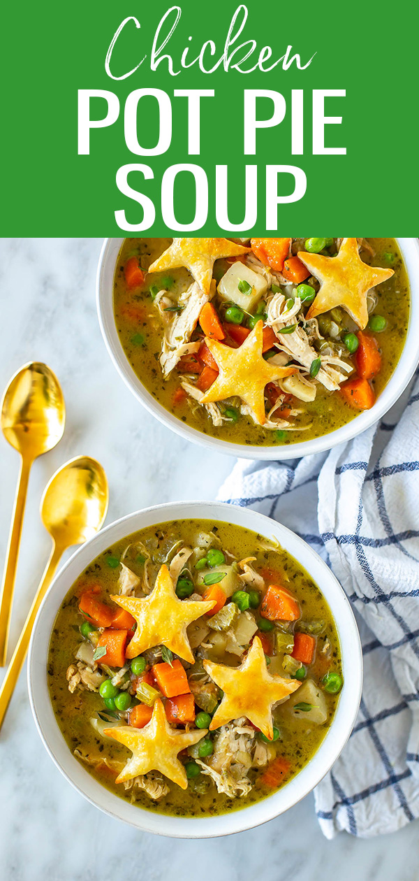 This Healthy Chicken Pot Pie Soup is comfort in a bowl! It's so easy, creamy and delicious—top it with puff pastry croutons!  #chickenpotpie #soup