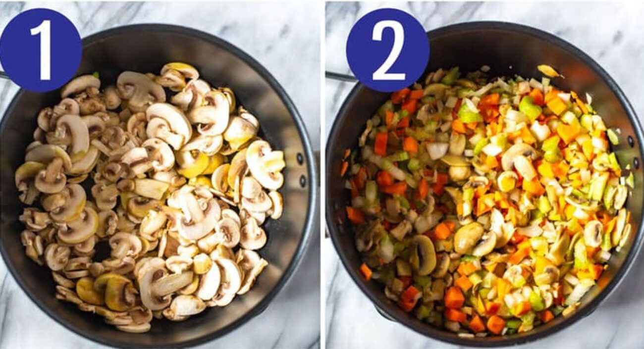Steps 1 and 2 for making chicken wild rice soup: Saute the mushrooms and cook the veggies.