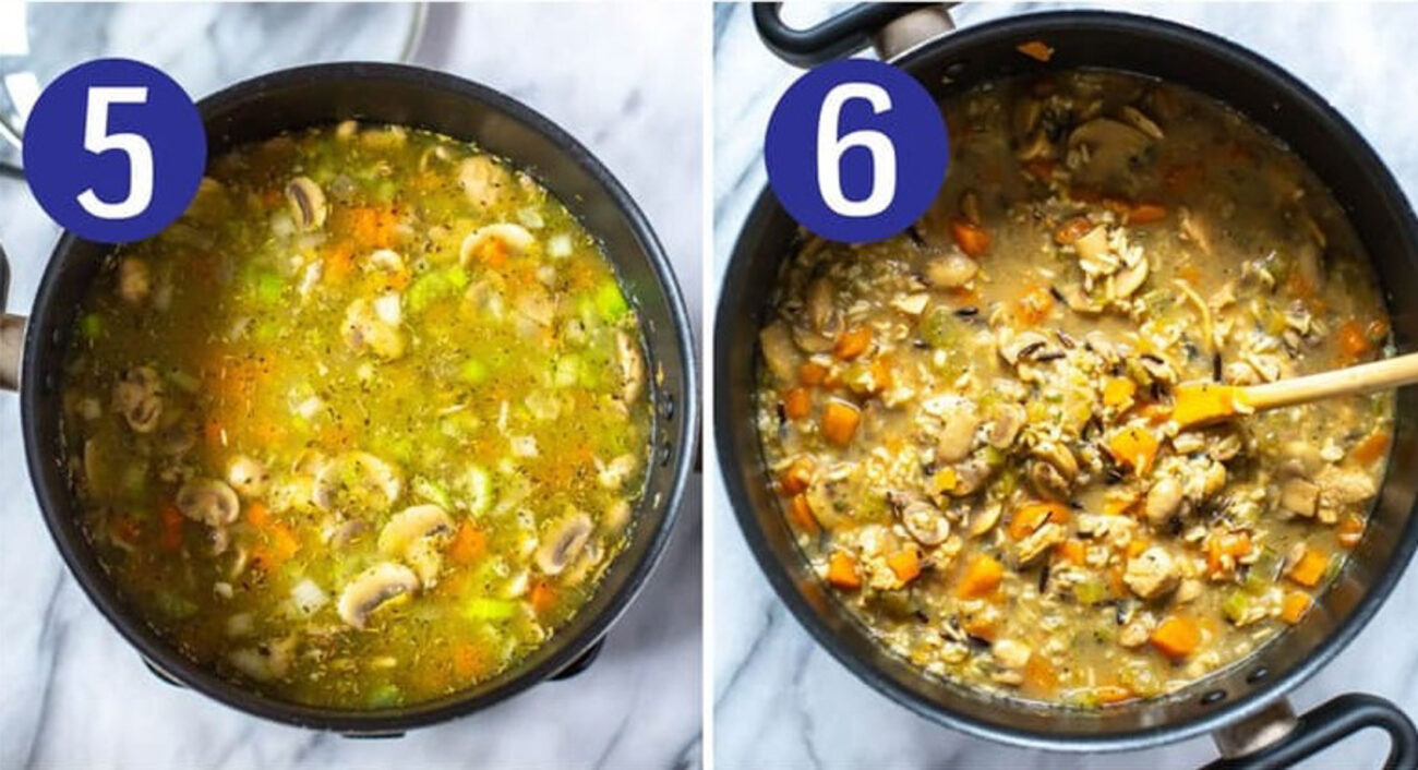 Steps 5 and 6 for making chicken wild rice soup: Simmer soup then serve and enjoy.