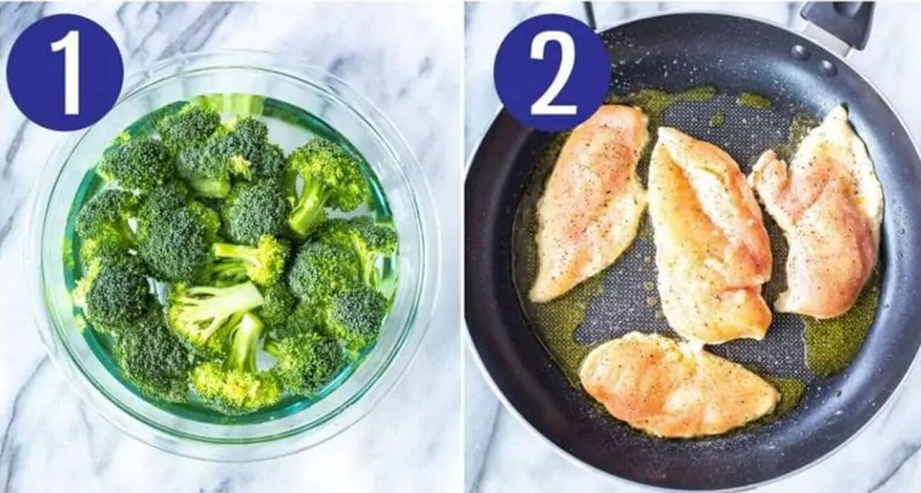Steps 1 and 2 for making creamy basil chicken: Steam broccoli and season chicken.