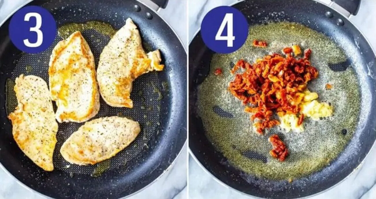Steps 3 and 4 for making creamy basil chicken: Brown chicken and start making sauce.
