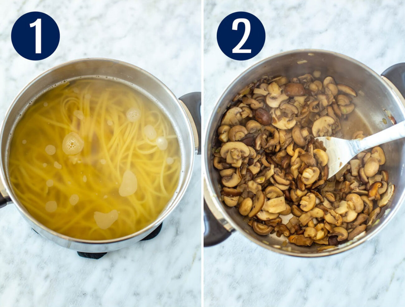 Steps 1 and 2 for making mushroom pasta: Boil pasta and cook mushrooms.
