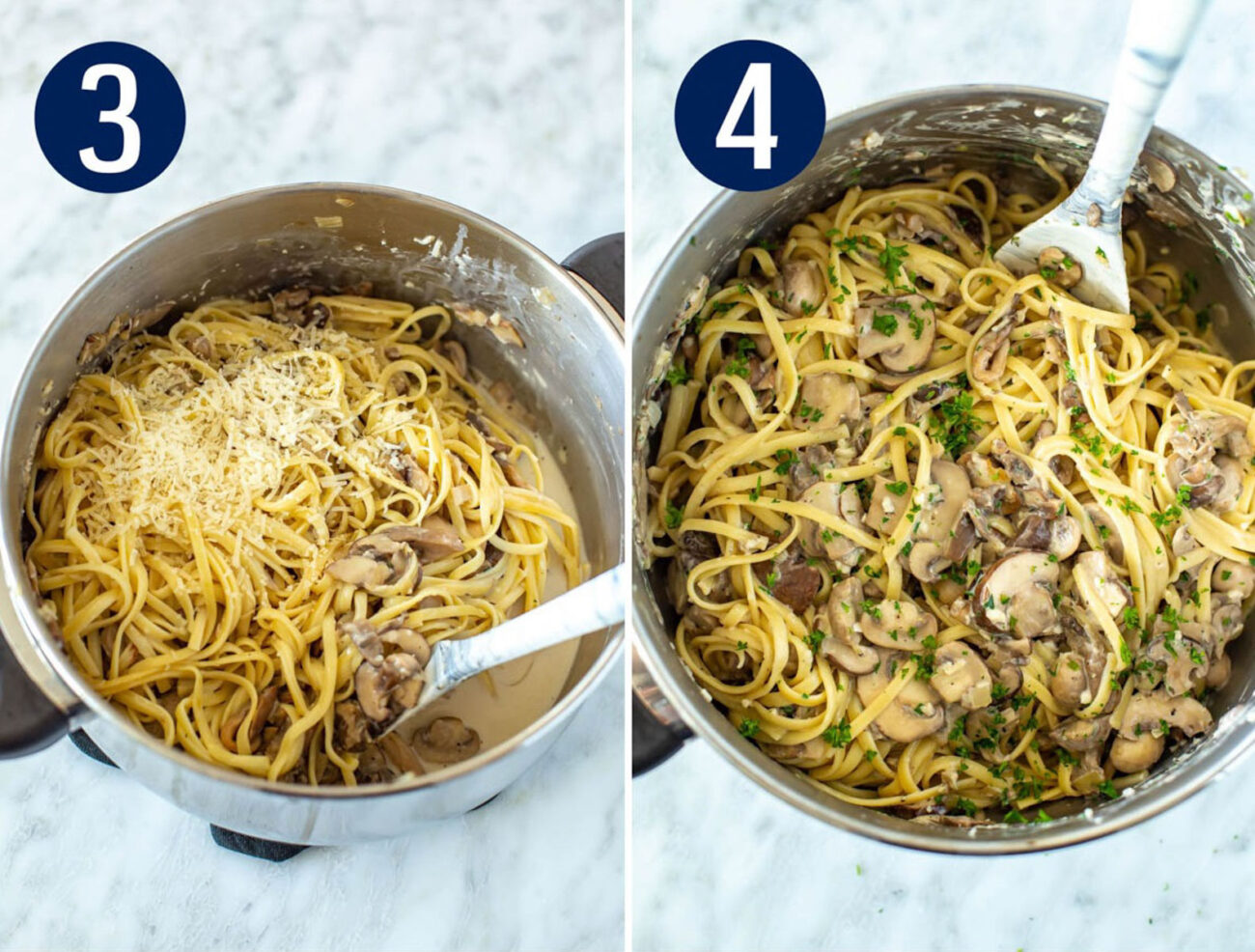 Steps 3 and 4 for making creamy mushroom pasta: Add everything to the pot and serve and enjoy.