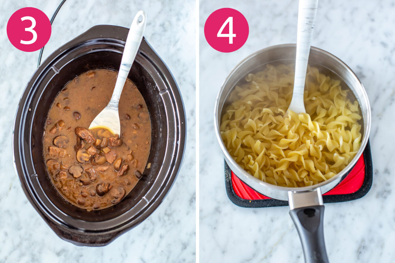 Steps 3 and 4 for making crockpot beef stroganoff: Cook stroganoff then make the egg noodles.