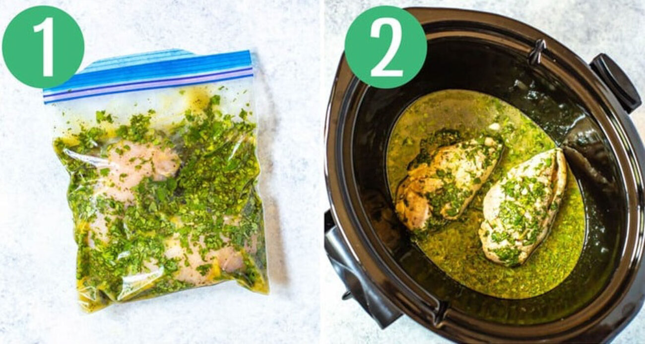 Steps 1 and 2 for making crockpot chicken: Marinate chicken and add to slow cooker.