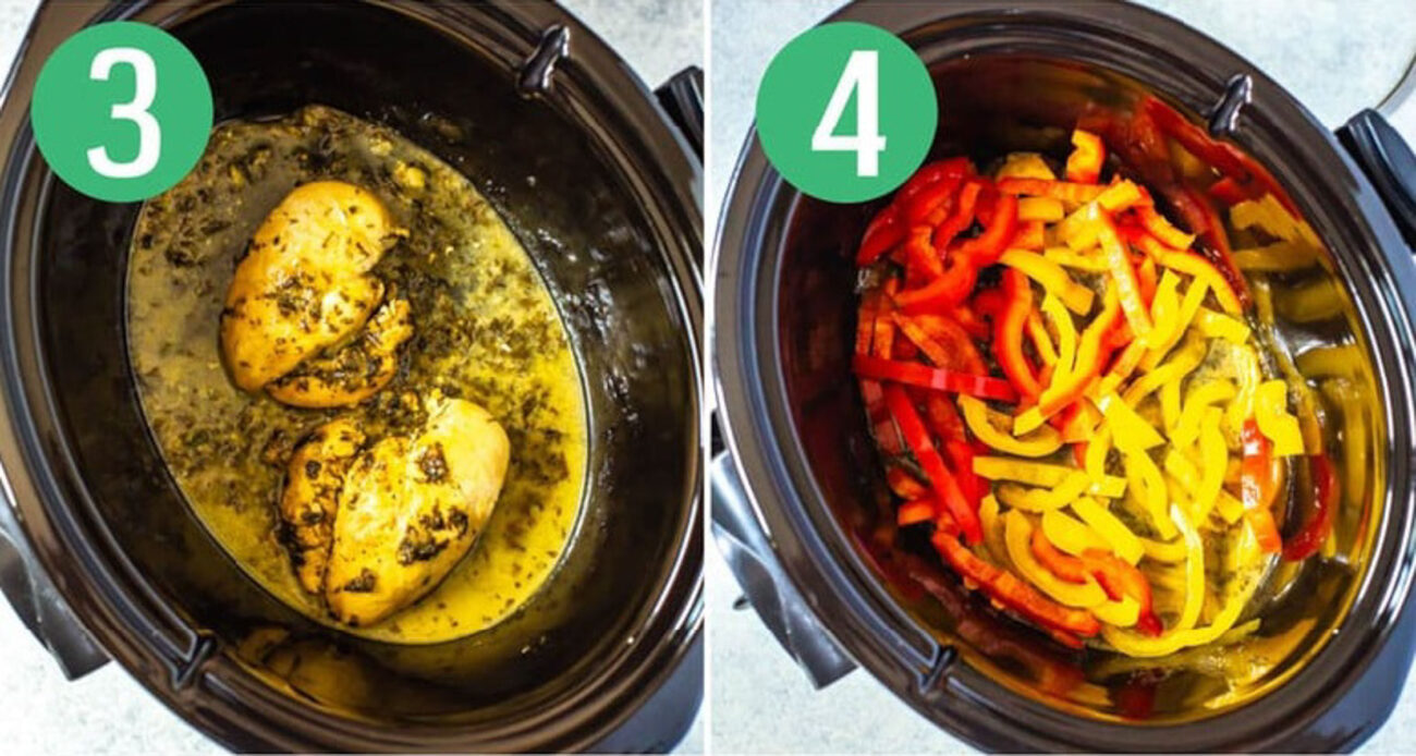Steps 3 and 4 for making crockpot chicken: Cook the chicken then add the veggies.