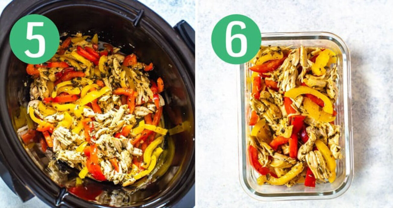 Steps 5 and 6 for making crockpot chicken: Shred the chicken then serve and enjoy.