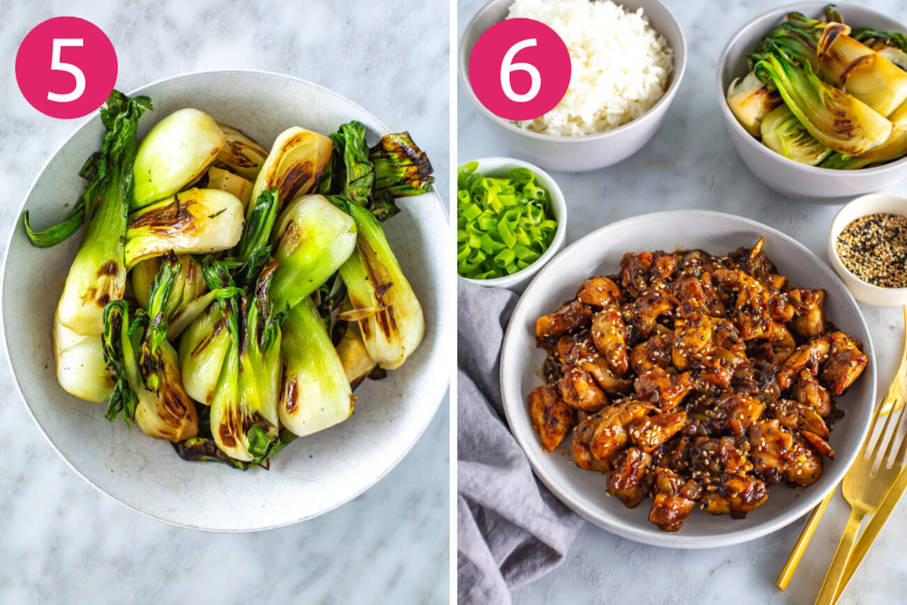 Steps 5 and 6 for making ginger chicken: Cook your sides and then serve and enjoy.