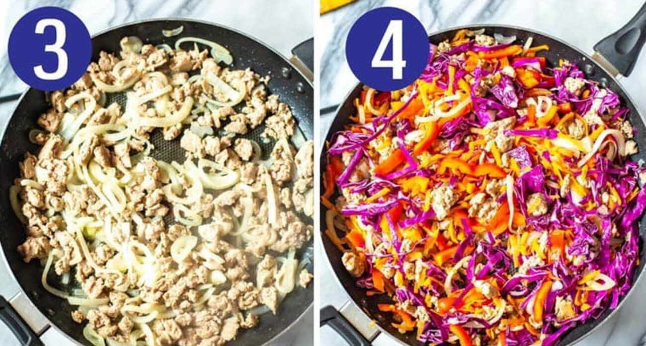Steps 43 and 4 for making ground turkey stir fry: Cook the ground turkey then add the veggies.