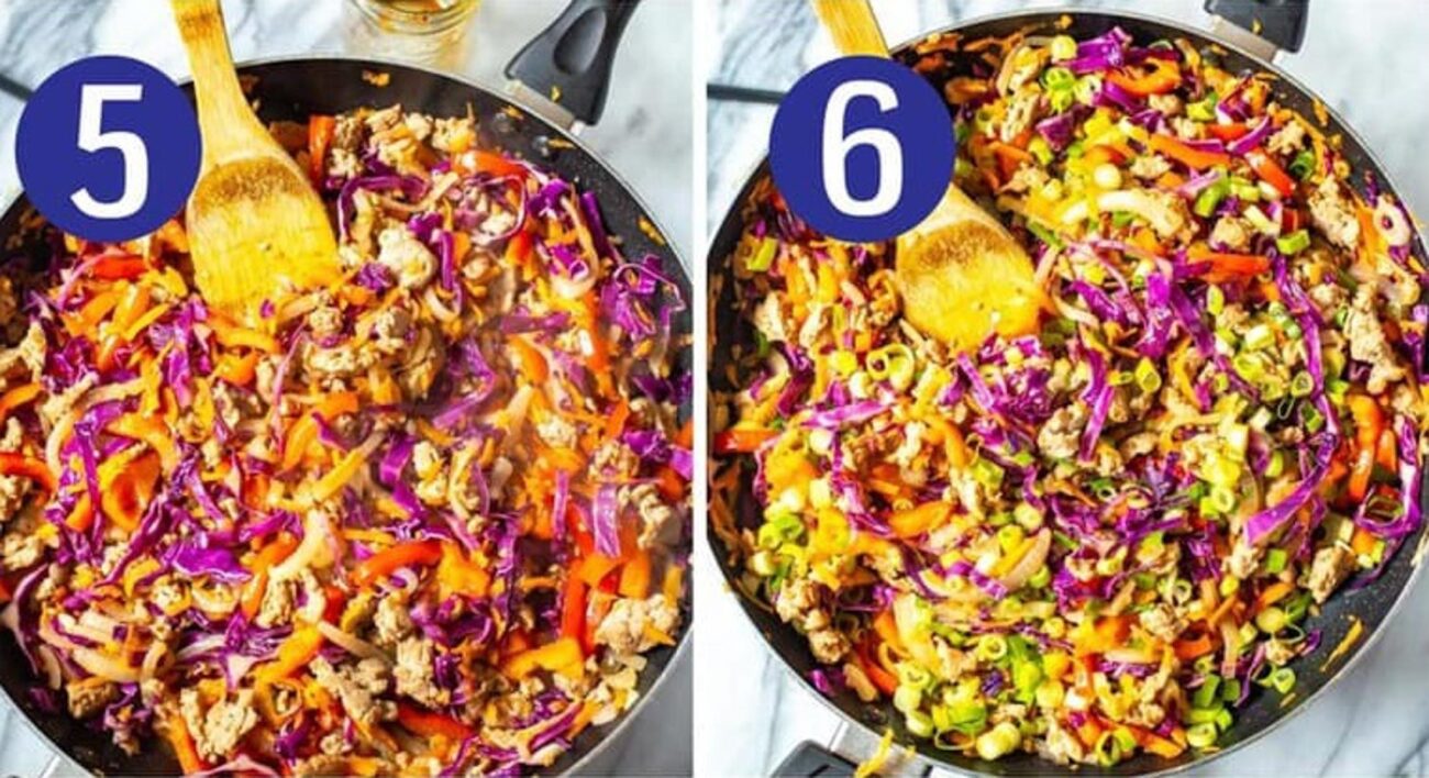 Steps 5 and 6 for making ground turkey stir fry: Stir in sauce then serve and enjoy.