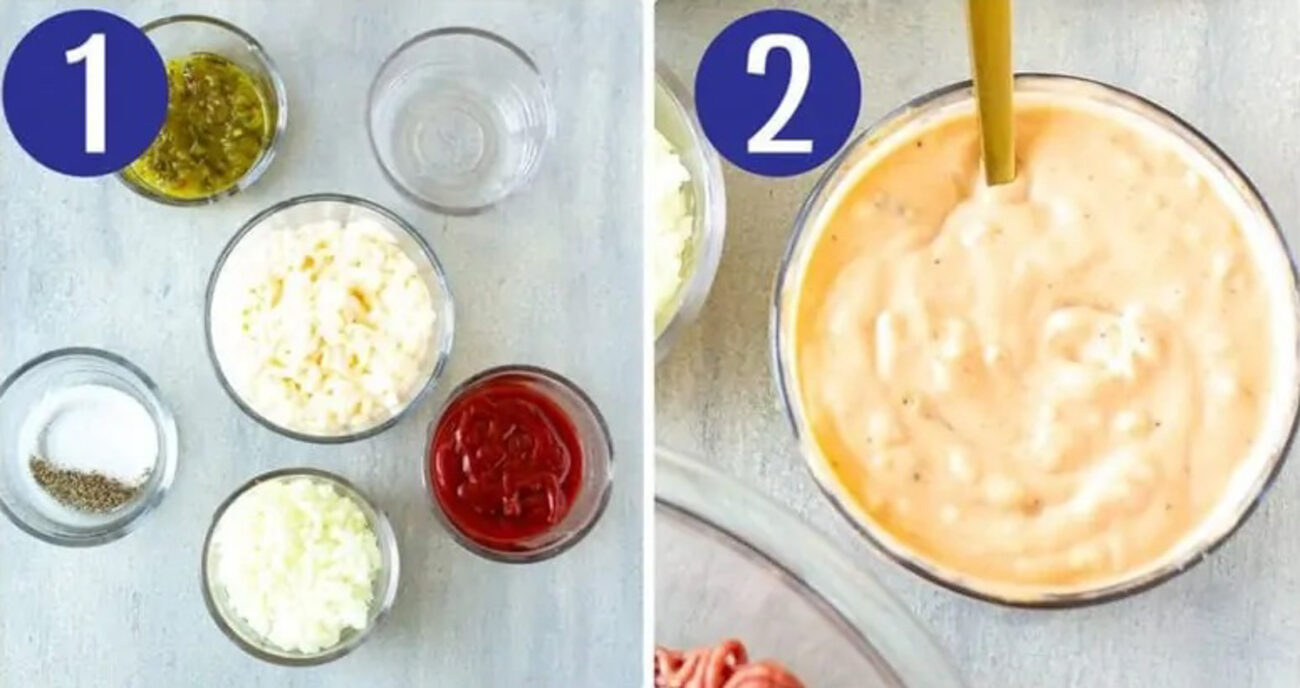 Steps 1 and 2 for making homemade big macs: Prep your toppings and mix your big mac sauce.