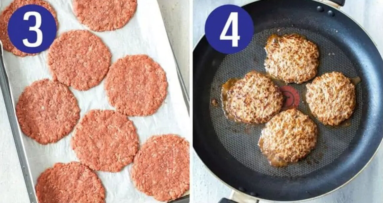 Steps 3 and 4 for making homemade big macs: Make the patties and cook the patties.