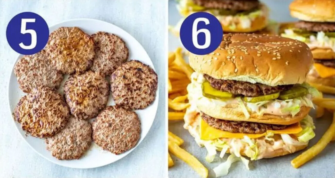 Steps 5 and 6 for making homemade big macs: Assemble your burgers then serve and enjoy.