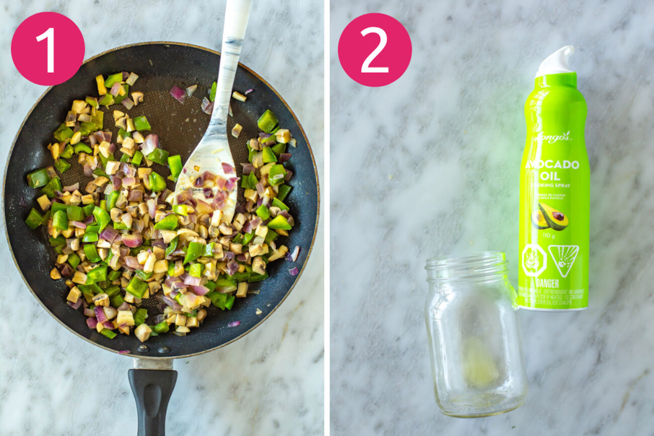 Steps 1 and 2 for making microwave omelettes: Cook veggies and prepare mason jars.