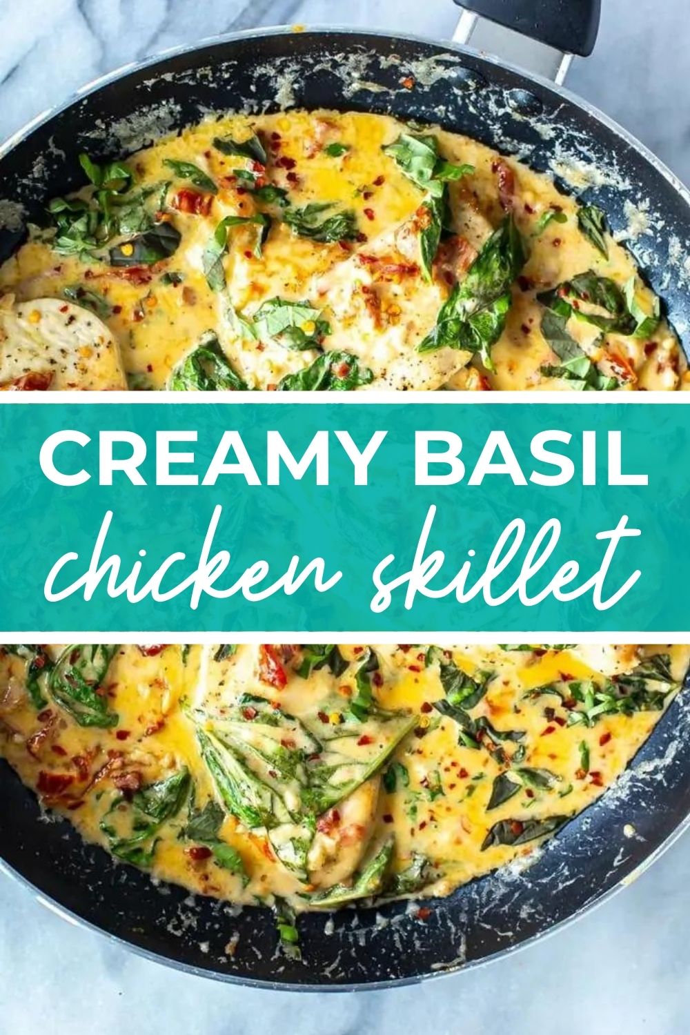 Overhead shot of creamy basil chicken in a skillet, with text that says 'Creamy Basil Chicken Skillet'