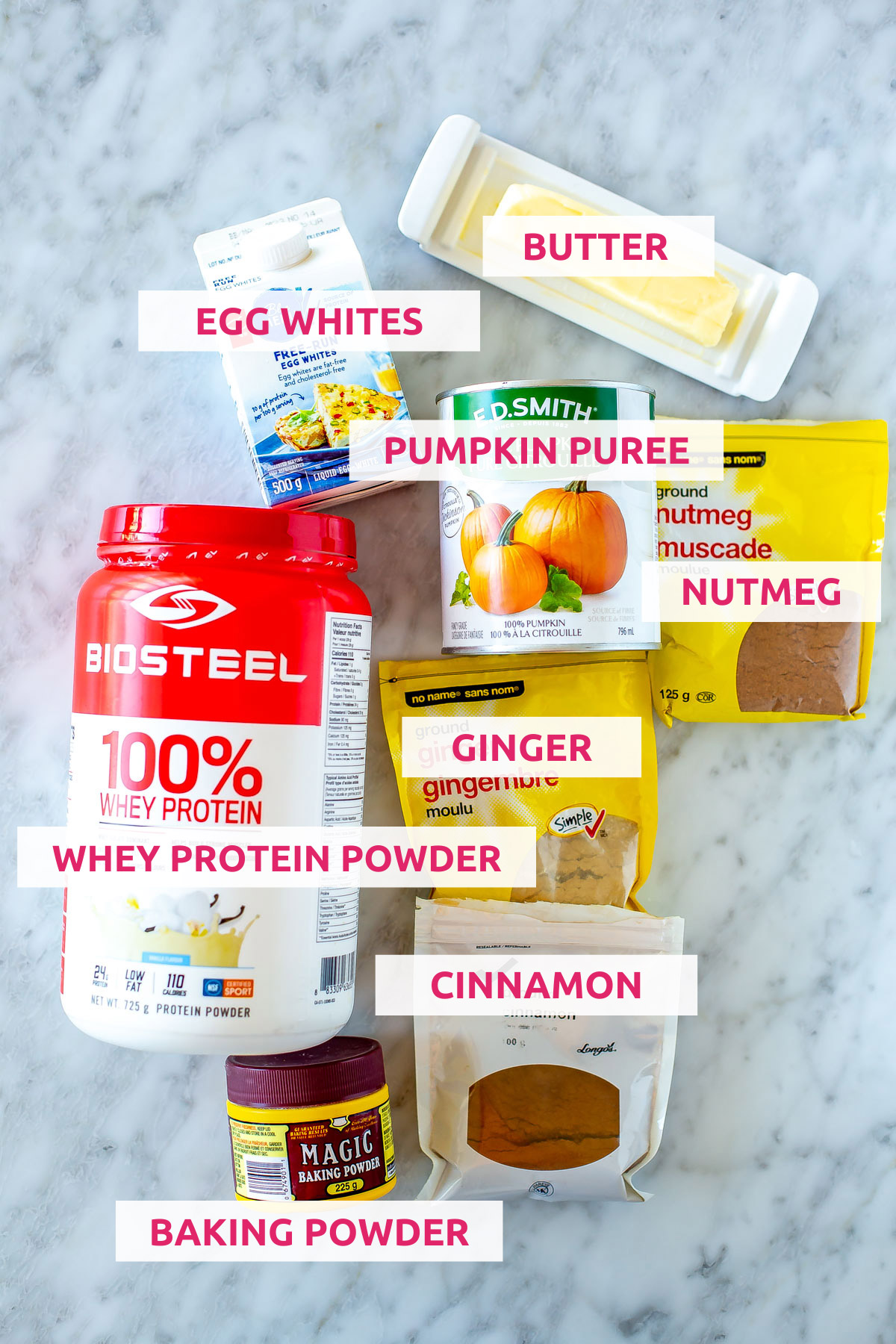 ingredients for pumpkin protein pancakes: protein powder, pumpkin puree, butter, egg whites, baking powder, cinnamon, ginger and nutmeg.