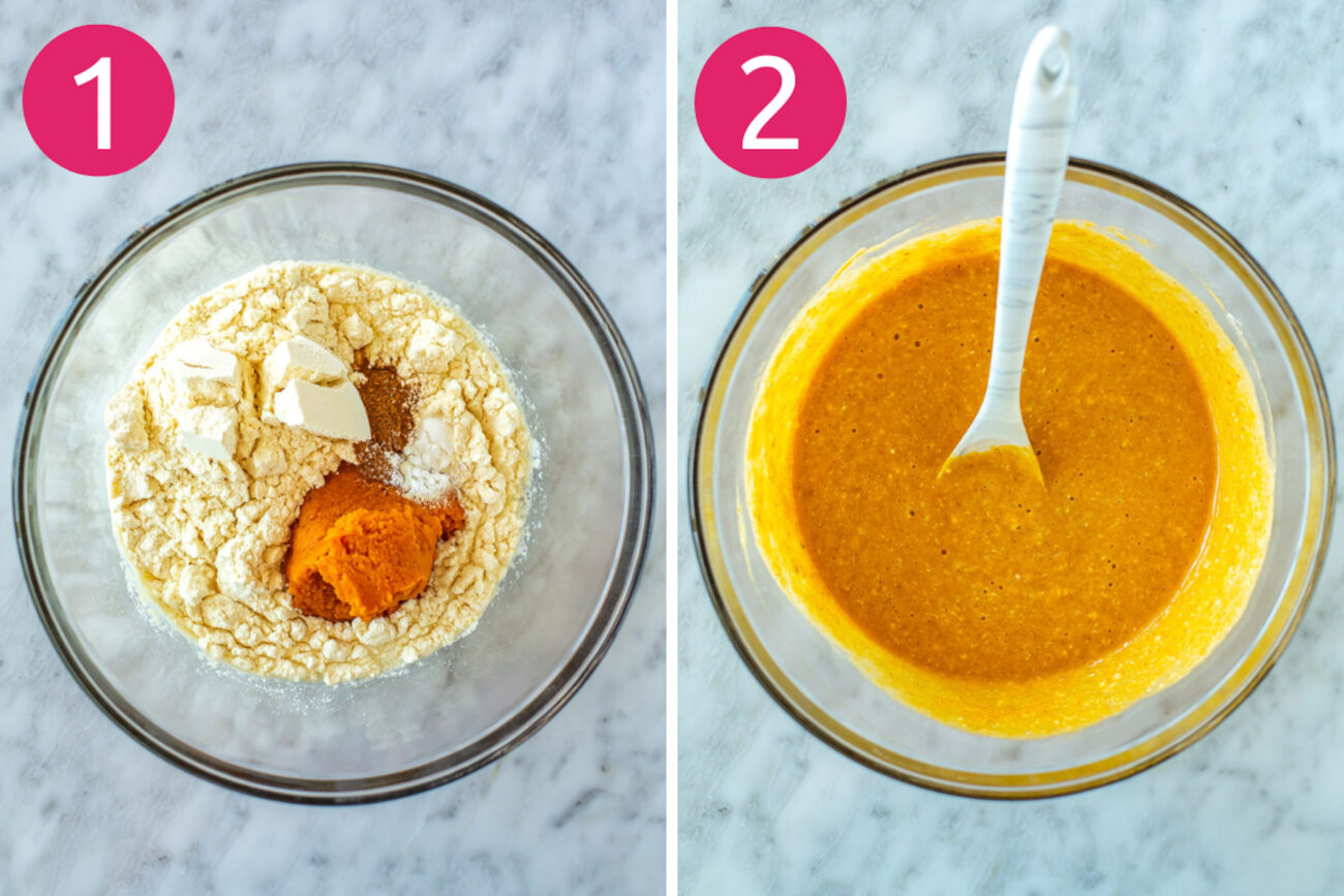 Steps 1 and 2 for making pumpkin protein pancakes: Mix together ingredients and stir until combined.