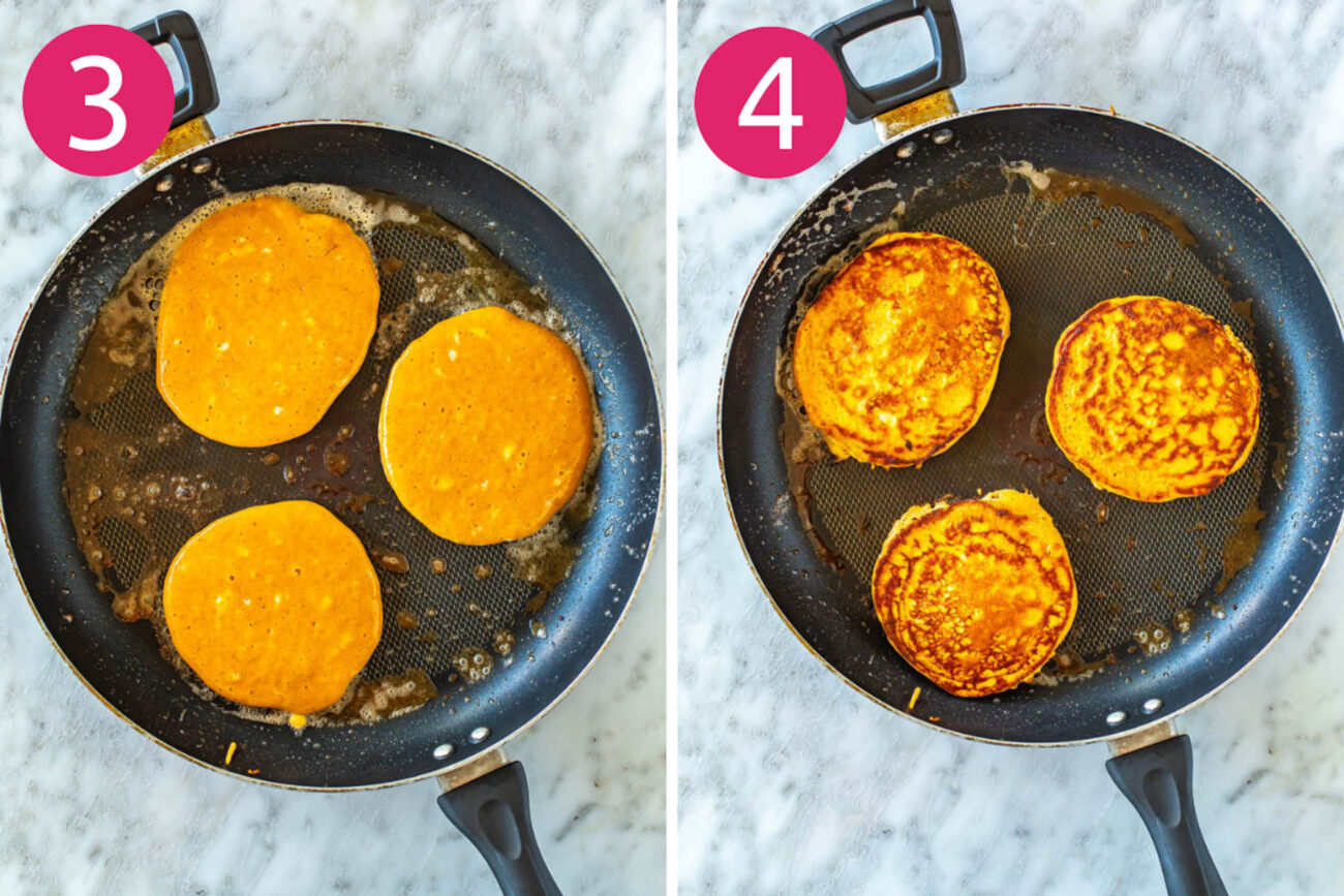 Steps 3 and 4 for making pumpkin protein pancakes: Add batter to frying pan then flip.