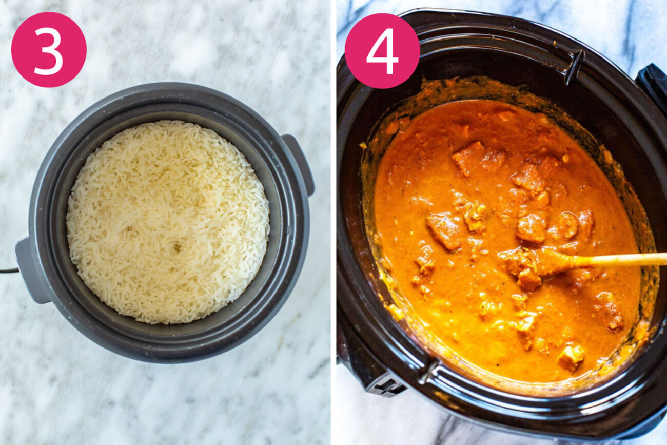 Steps 3 and 4 for making slow cooker chicken tikka masala: Cook rice then serve.