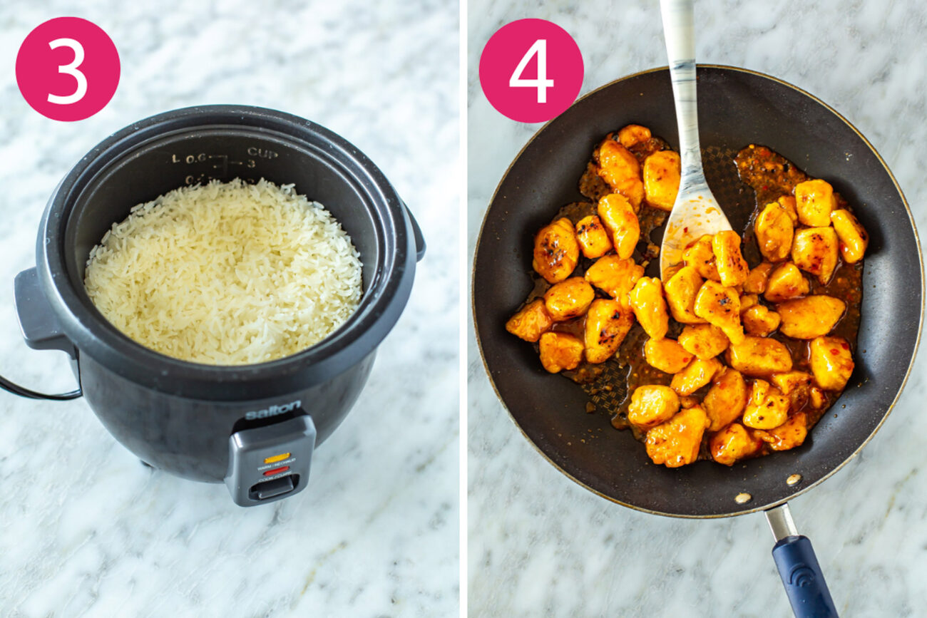 Steps 3 and 4 for making sweet chili chicken: Make the rice and the sweet chili sauce.