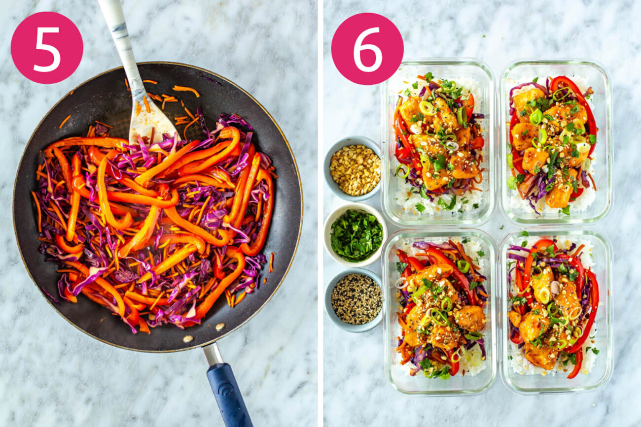 Steps 5 and 6 for making sweet chili chicken: Saute veggies then assemble meal prep bowls.