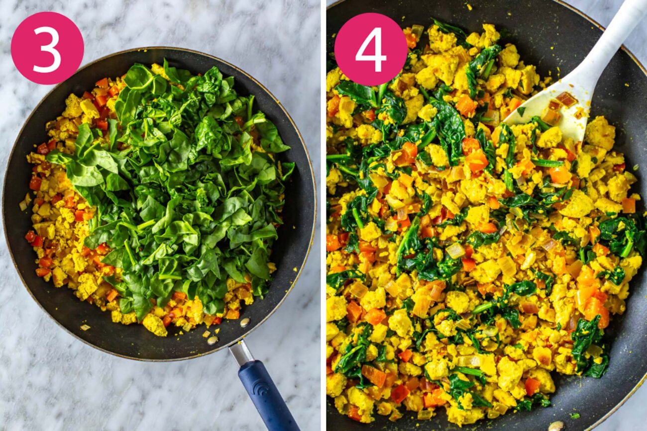 Steps 3 and 4 for making tofu scramble: Stir in spinach then plant-based milk.