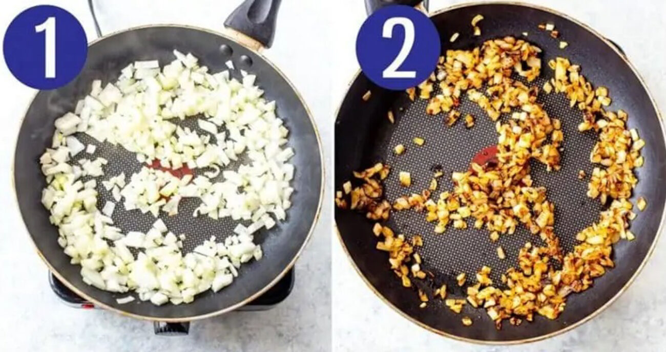 Steps 1 and 2 for making animal fries: Fry then caramelize onions.