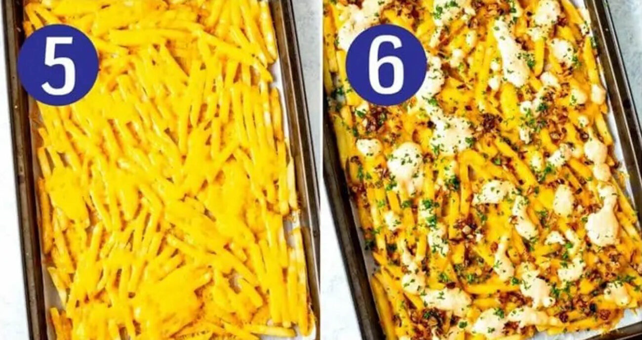 Steps 5 and 6 for making animal fries: Bake fries until cheese is melted then top with onions and sauce.