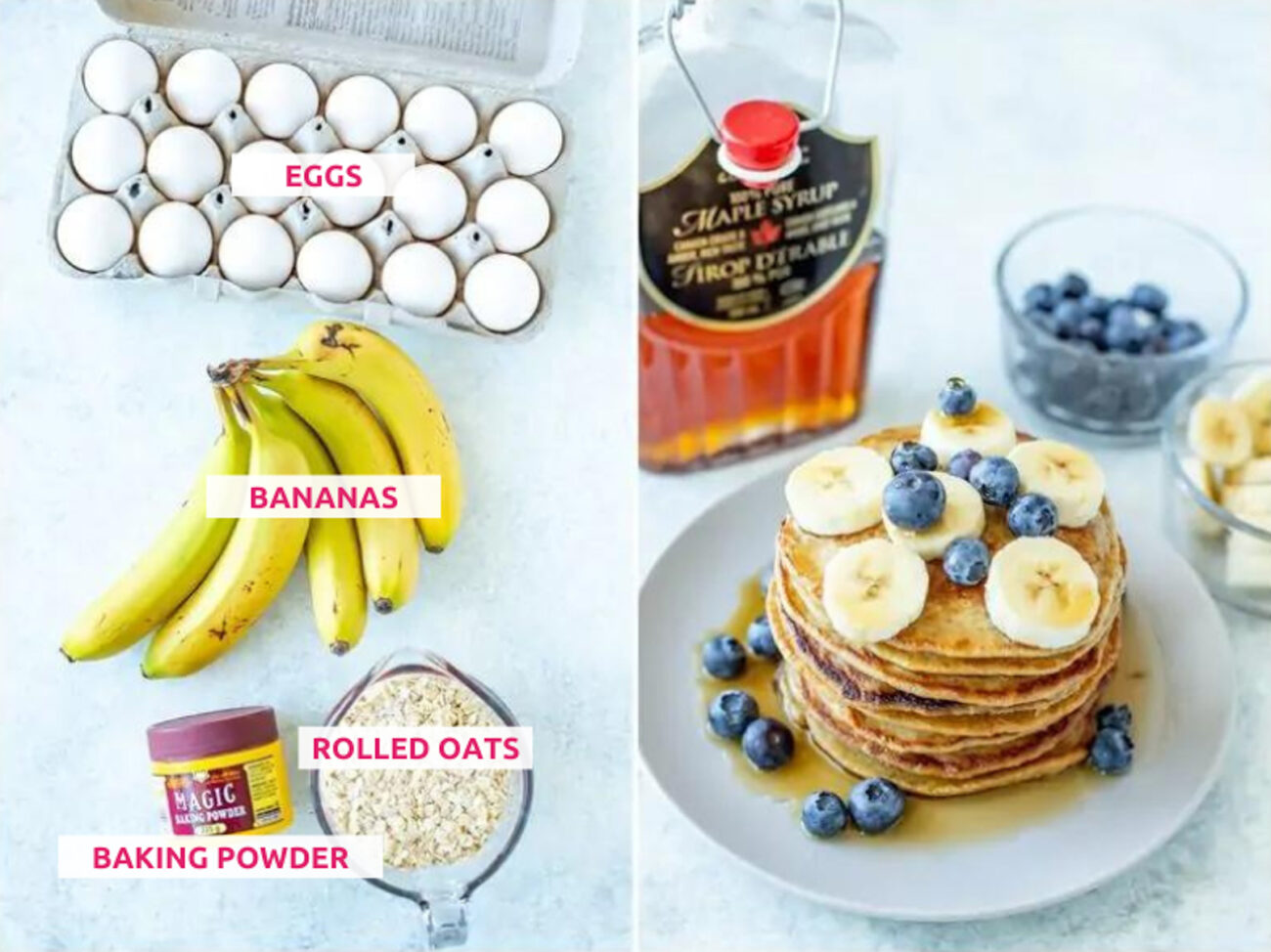 Ingredients for banana oat pancakes: eggs, bananas, oats, baking powder.