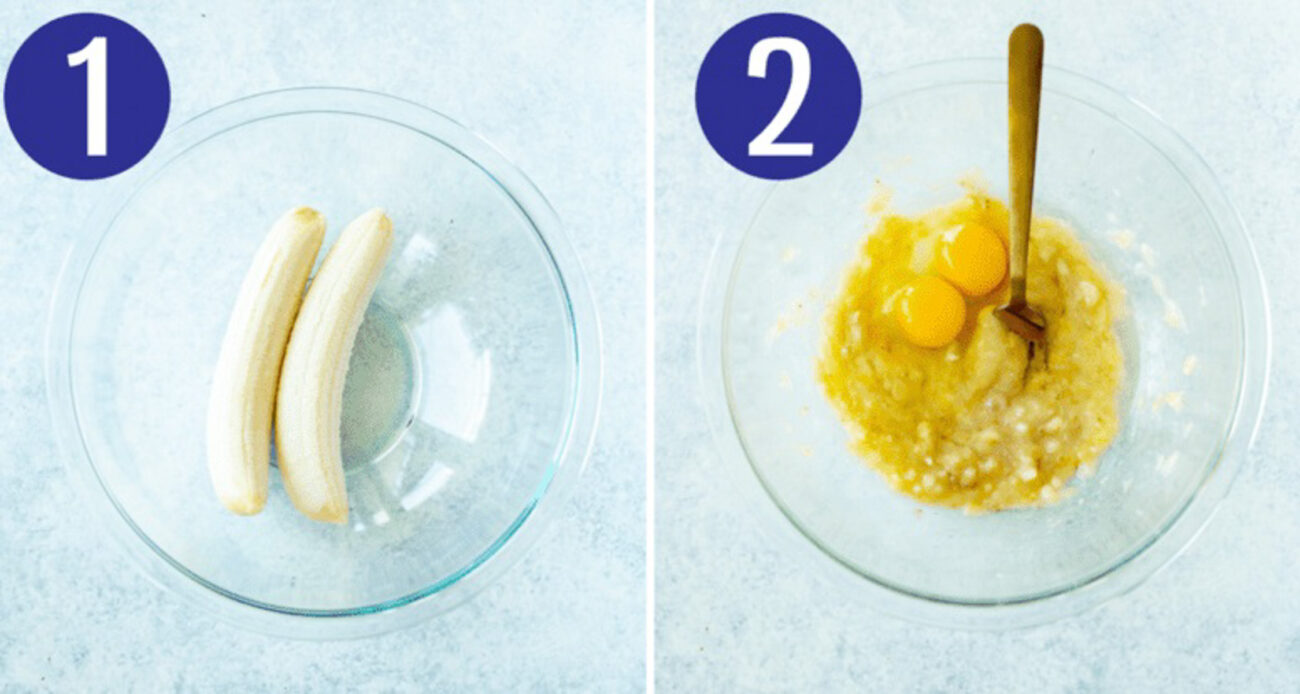 Steps 1 and 2 for making banana oat pancakes: Mash bananas then add eggs.