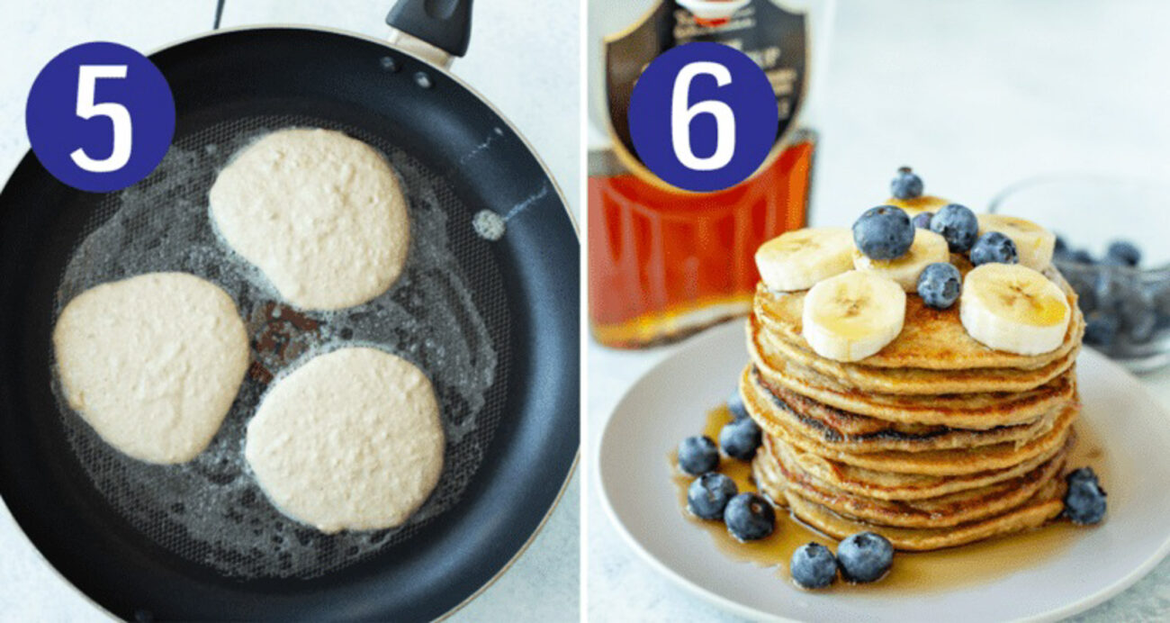 Steps 5 and 6 for making banana oat pancakes: Cook pancakes then serve.