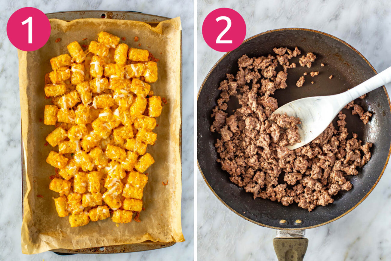 Steps 1 and 2 for making big mac tater tot nachos: Bake tater tots then brown ground beef.