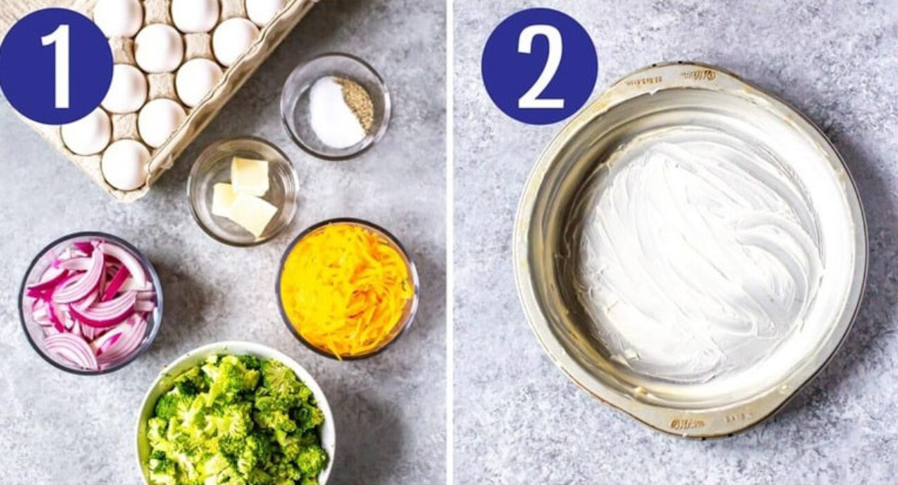 Steps 1 and 2 for making broccoli cheddar quiche: Assemble ingredients then grease pan.