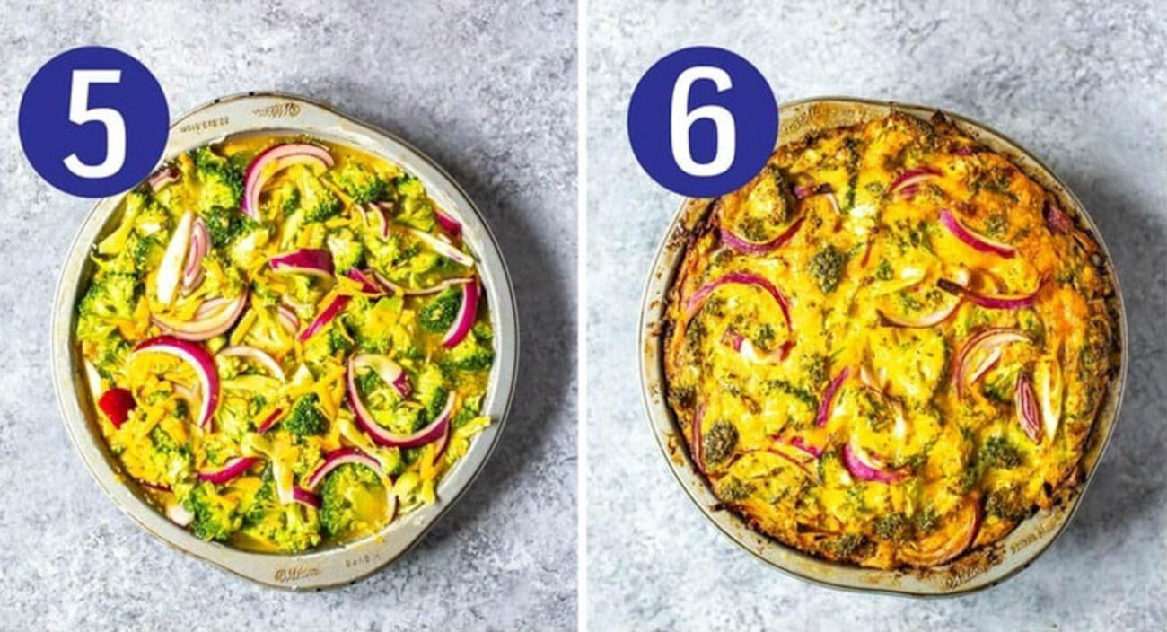 Steps 5 and 6 for making broccoli cheddar quiche: Pour into pan and bake.