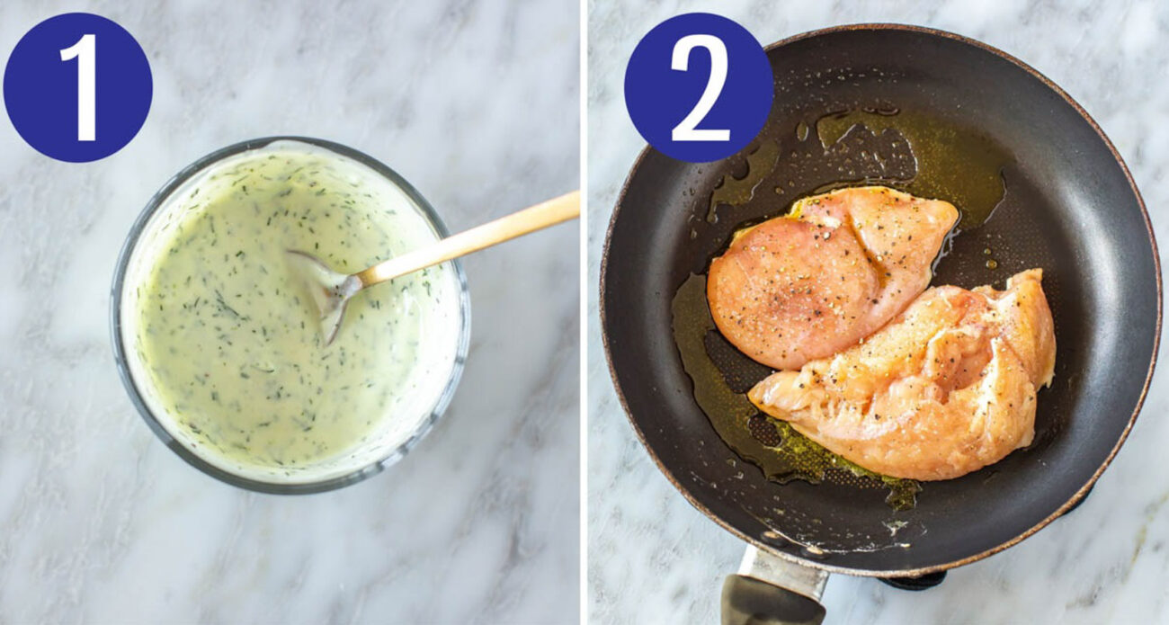 Steps 1 and 2 for making buffalo chicken salad: Make dressing then season chicken. 
