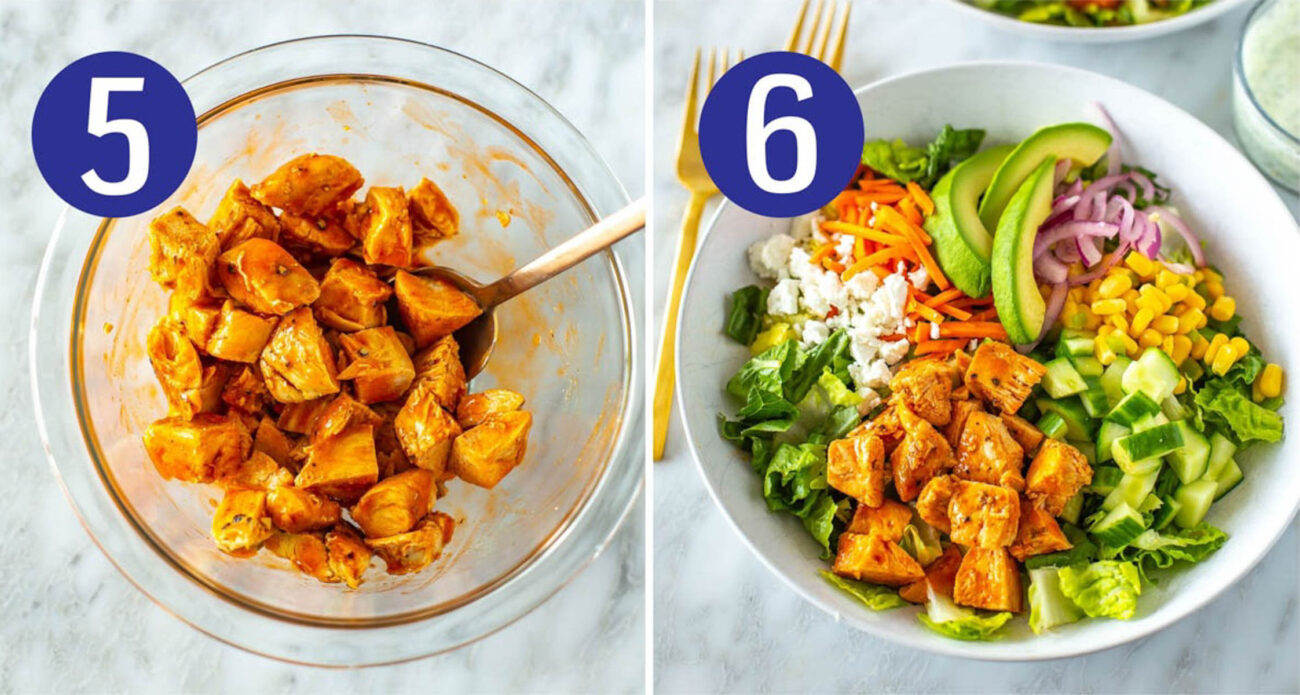 Steps 5 and 6: Sauce chicken then assemble salad.