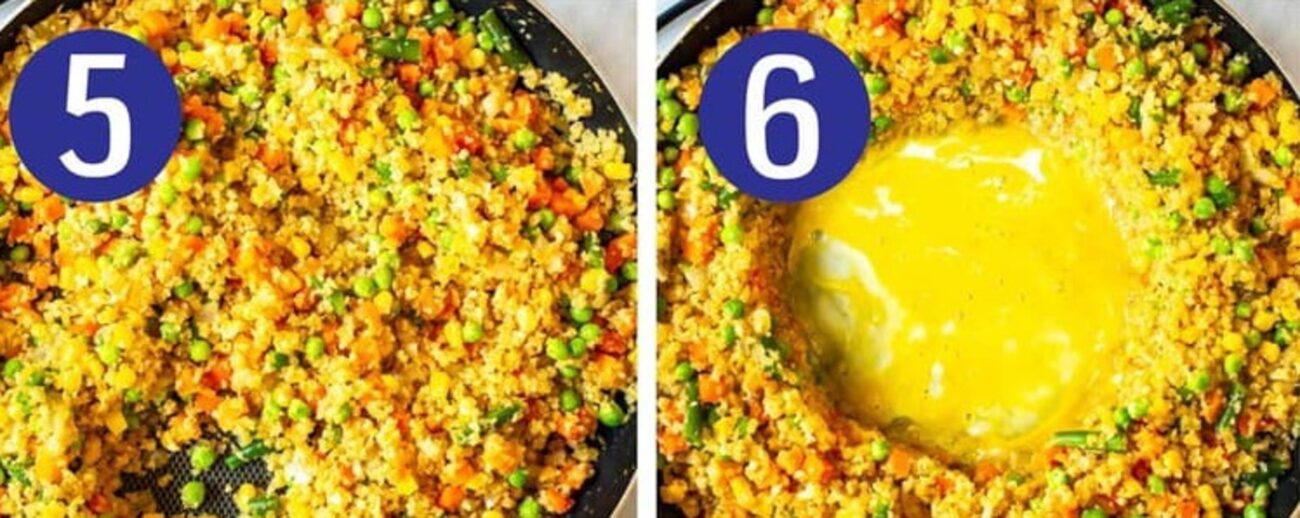 Steps 5 and 6 for making cauliflower fried rice: Mix in veggies then crack egg.