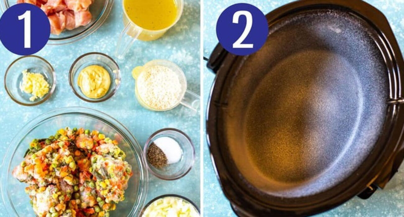 Steps 1 and 2 for making crockpot chicken and rice: Prep ingredients and grease slow cooker.