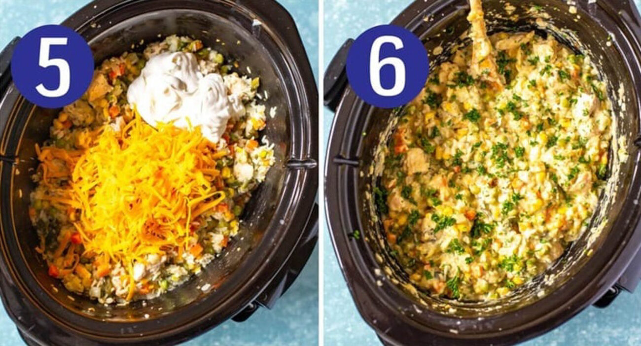 Steps 5 and 6 for making crockpot chicken and rice: Add remaining ingredients then serve. 