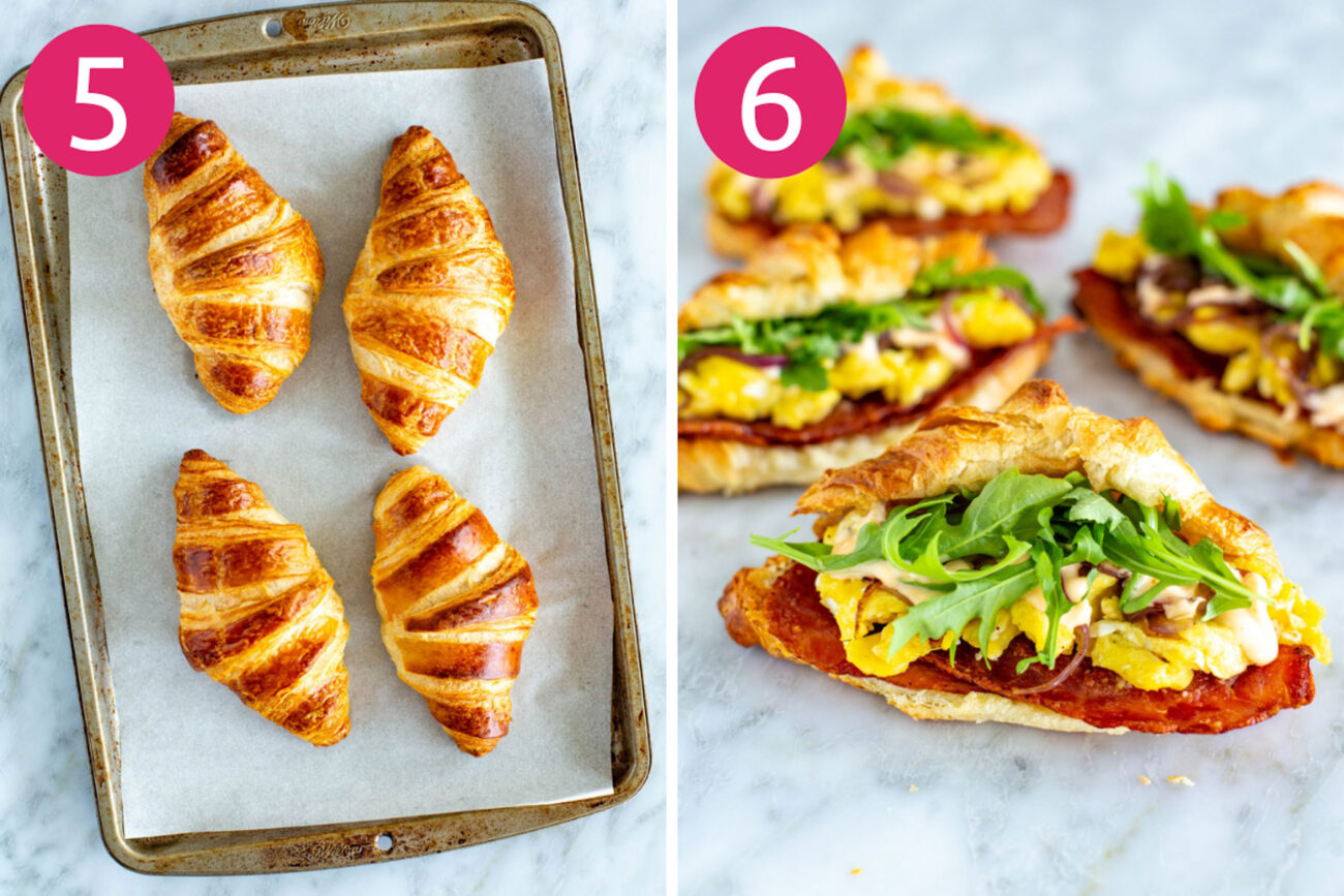 Steps 5 and 6 for making croissant breakfast sandwiches: Cut open croissants and fill.