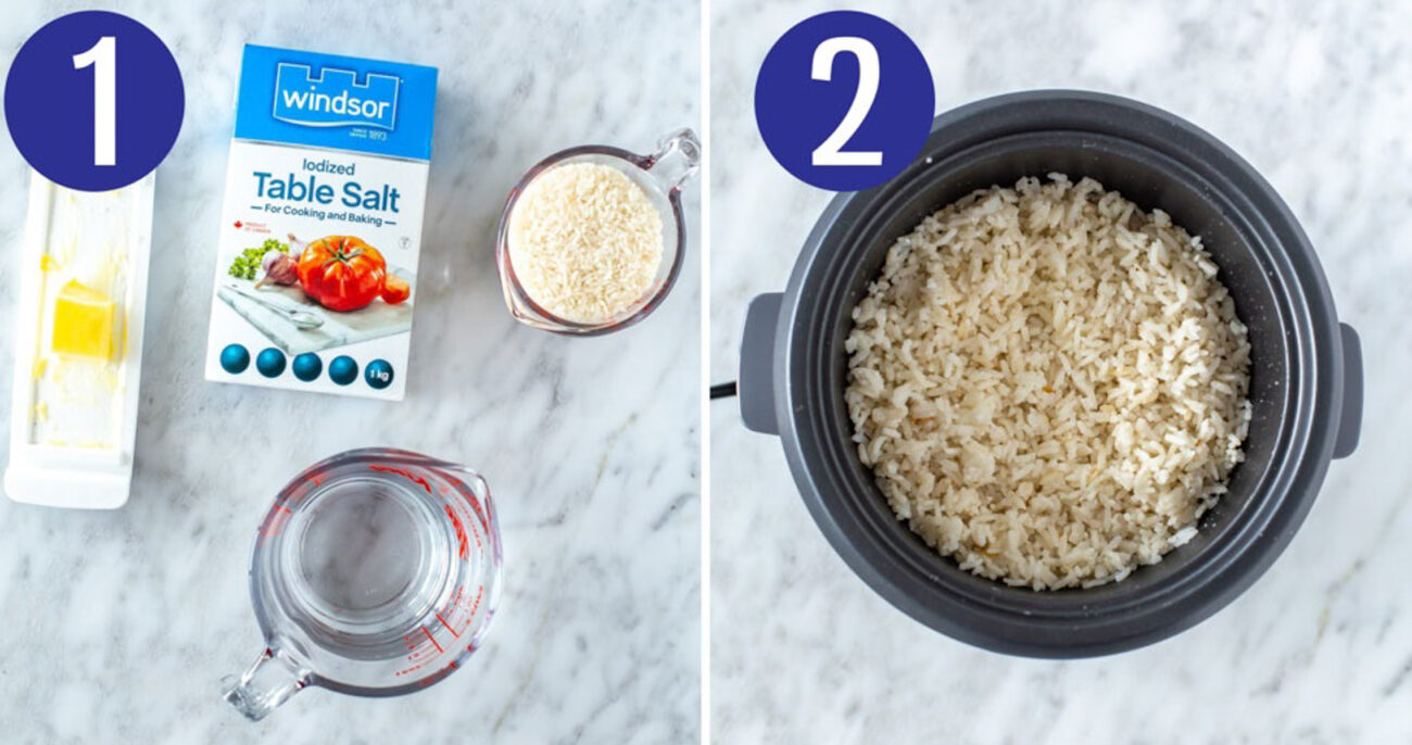 Steps 1 and 2 for making rice: Assemble ingredients and cook rice.