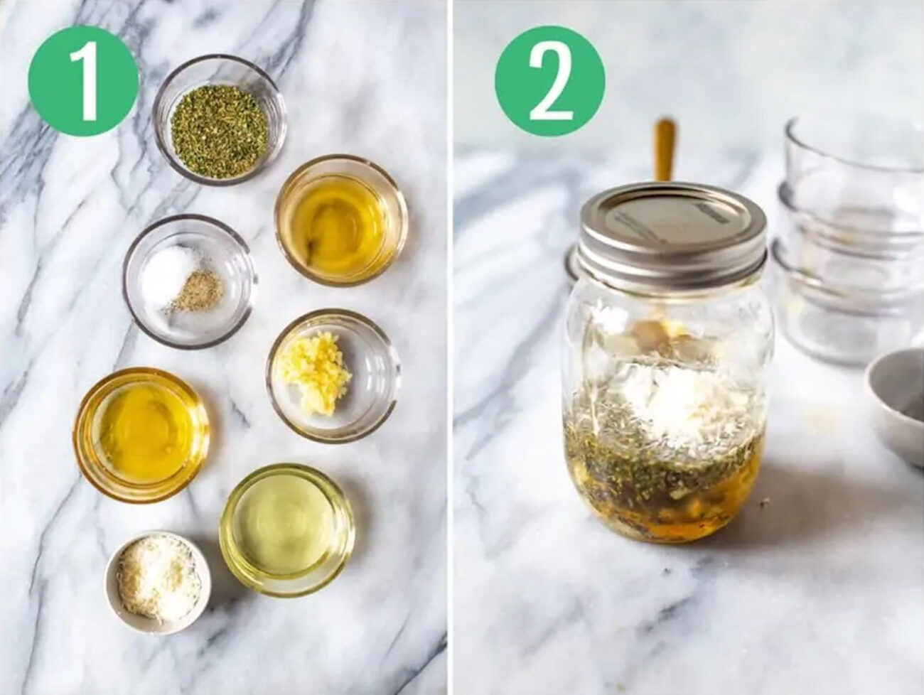 Steps 1 and 2 for making homemade salad dressing: Assemble ingredients and add everything to mason jar.