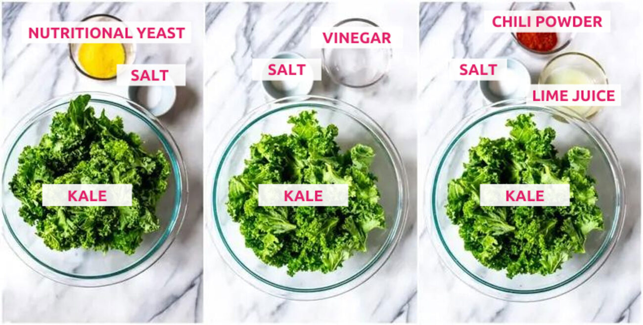Ingredients for kale chips: kale, nutritional yeast, salt, vinegar, lime juice and chili powder.