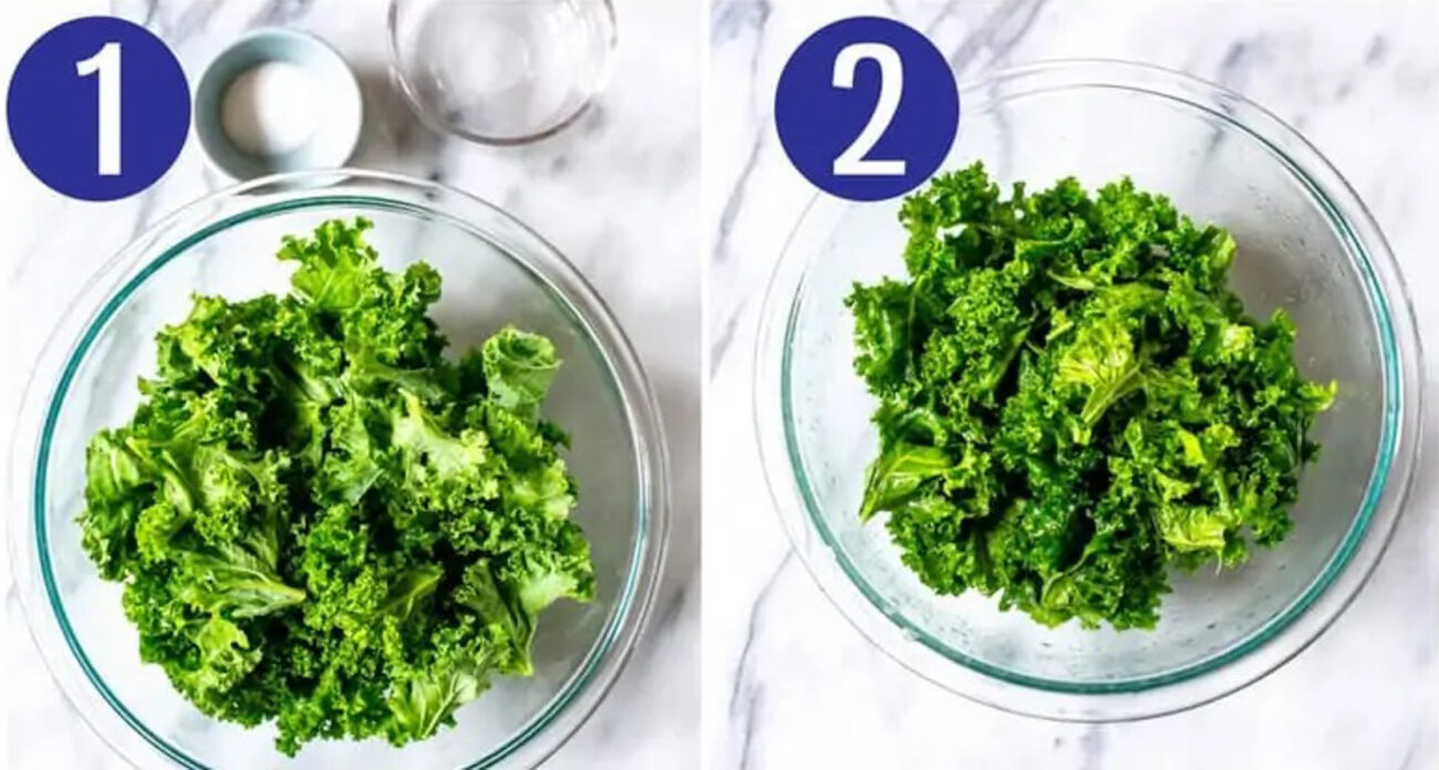 Steps 1 and 2 for making kale chips: Wash/dry kale then tear into pieces.