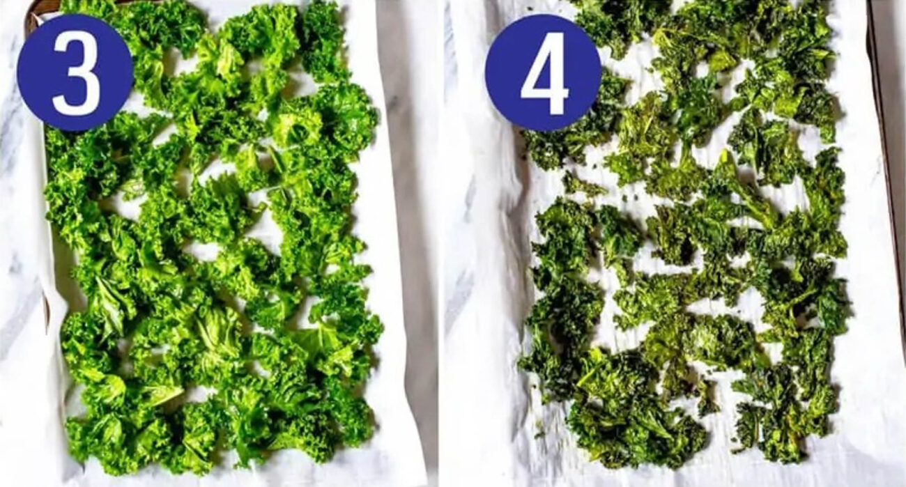 Steps 3 and 4 for making kale chips: Toss with olive oil/seasoning then bake.