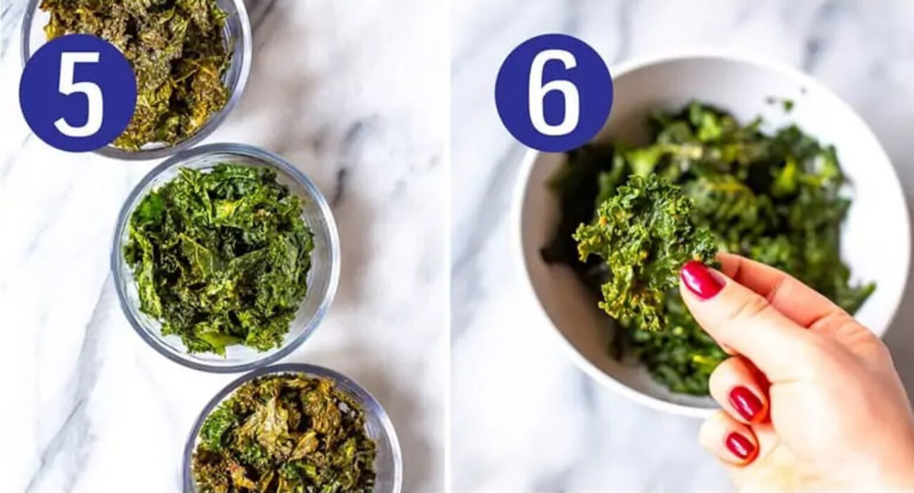Steps 5 and 6 for making kale chips: Cool then serve.