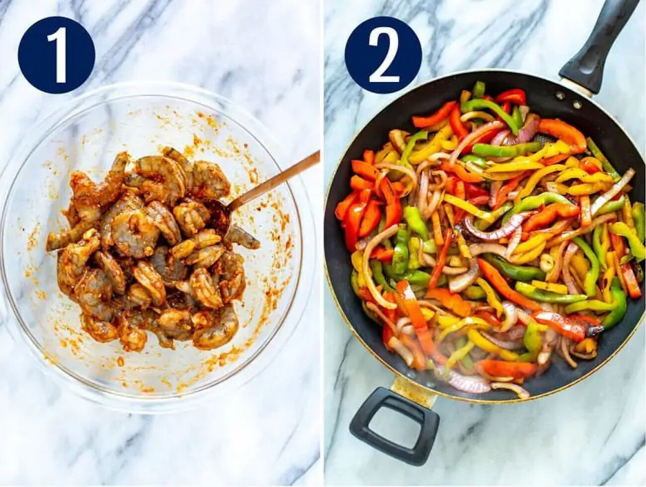 Steps 1 and 2 for making shrimp fajitas: Marinate shrimp and saute peppers and onions.