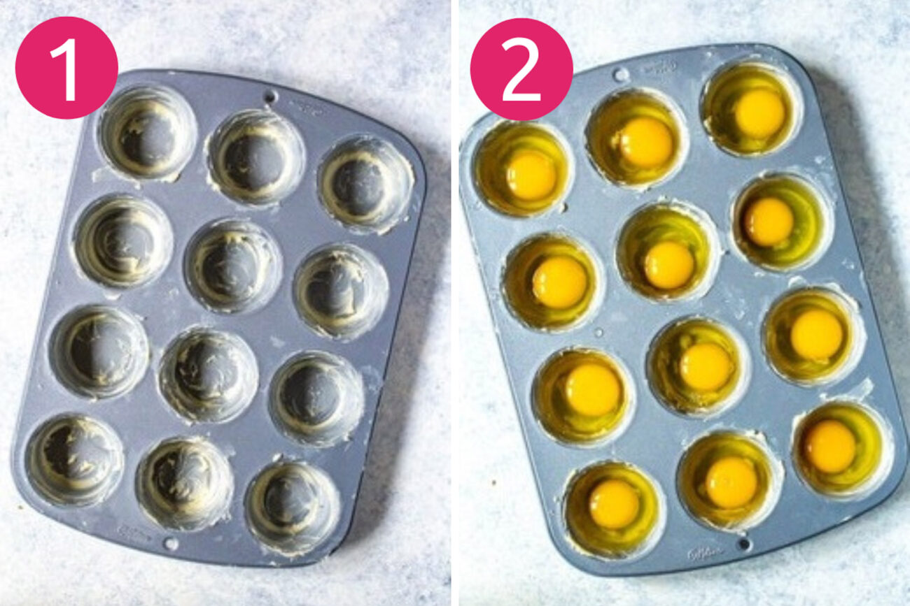 Steps 1 and 2 for making baked eggs: Grease muffin tin then crack eggs.
